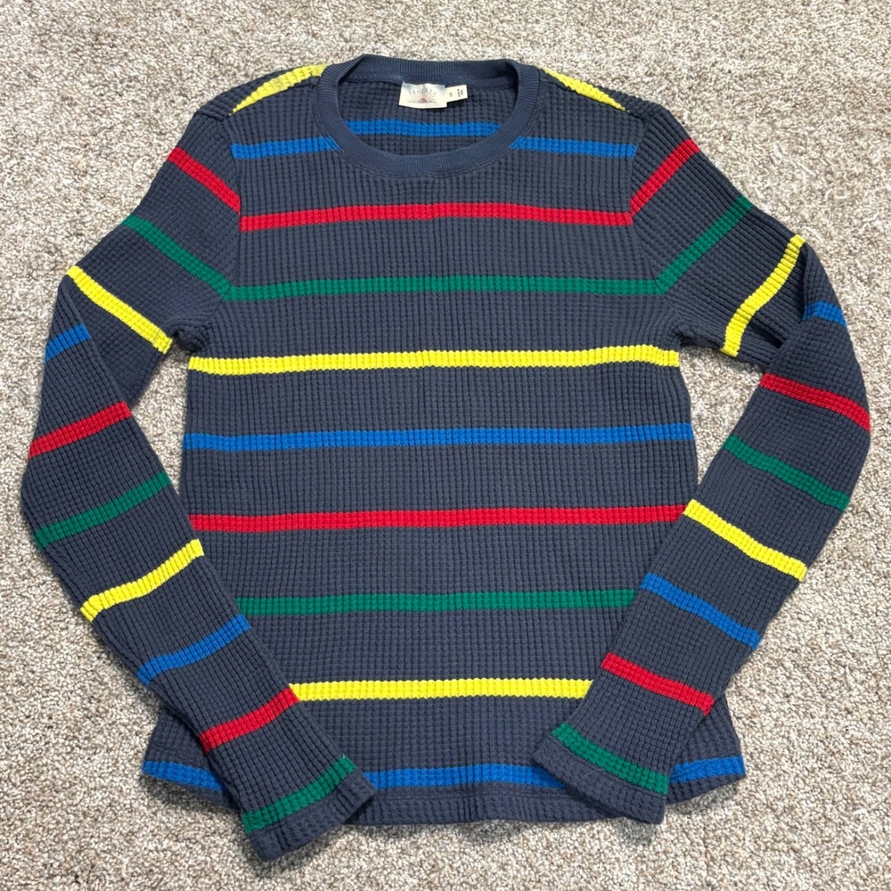 Faherty Waffle Knit Thermal Kids Size S Gray Multi-Color Striped Long Sleeve Top